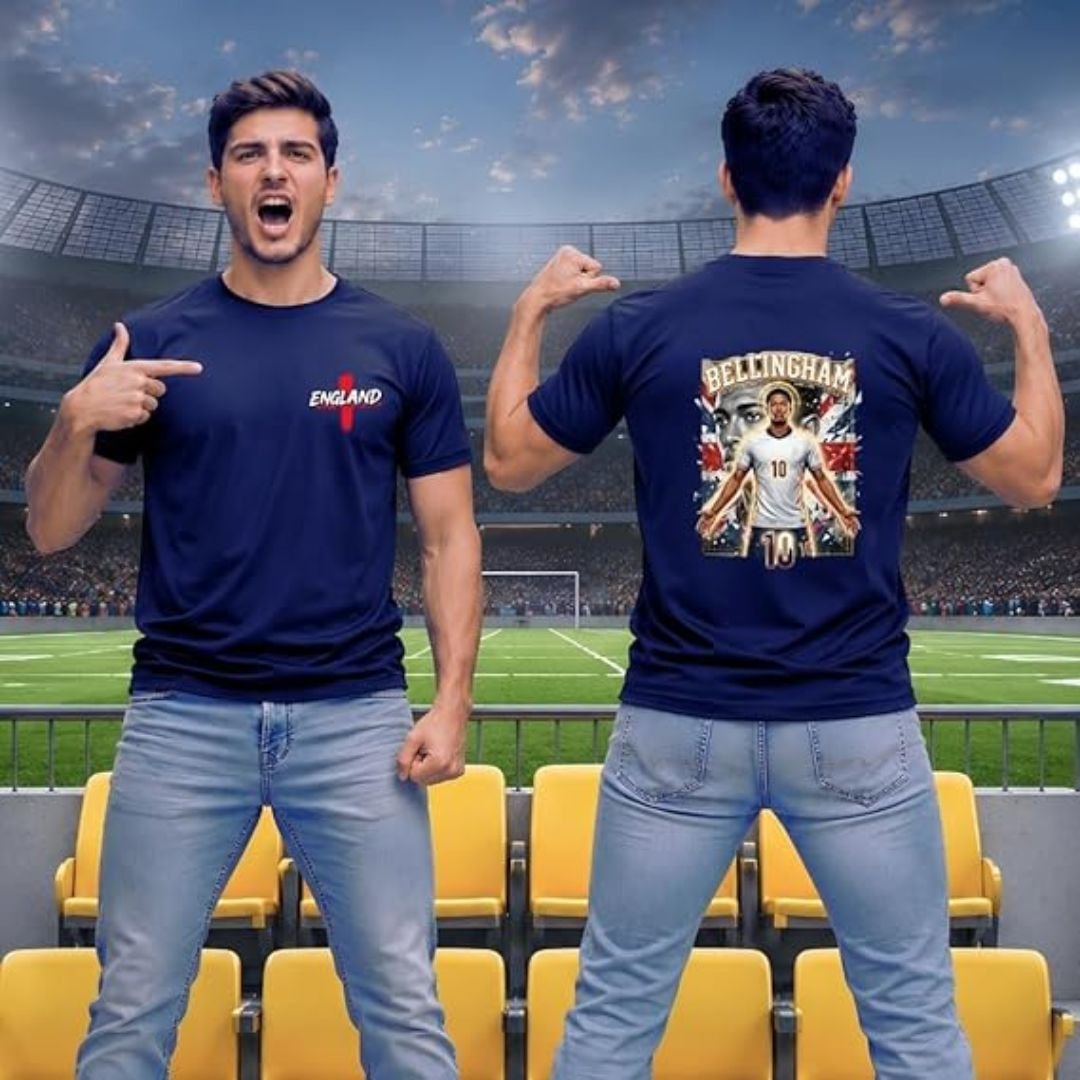 "Front and back view of navy England football t-shirt featuring Jude Bellingham soccer player illustration on back with number 10, Union Jack background, and England logo on front, modeled in a stadium with cheering crowd."