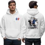 Football Graphic Hoodie - printshop4me.ae France football men's white hoodie featuring a small France 2026 chest logo and large number 10 soccer player graphic on the back with France-themed monochrome artwork.
