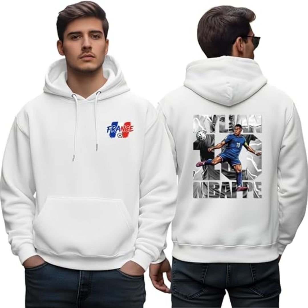 Football Graphic Hoodie - printshop4me.ae France football men's white hoodie featuring a small France 2026 chest logo and large number 10 soccer player graphic on the back with France-themed monochrome artwork.