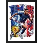 France football player photo frame with dynamic soccer player artwork, France flag background, trophy graphic, and patriotic football wall decor design.