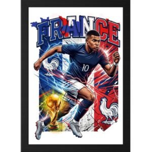 France Football Frame - printshop4me.ae France football player photo frame with dynamic soccer player artwork, France flag background, trophy graphic, and patriotic football wall decor design.
