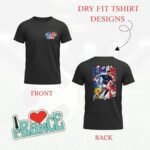 France football player men's black dry-fit T-shirt design mockup showing front France 2026 chest logo and large France soccer player graphic on the back.