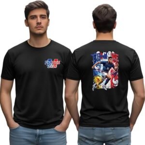 France Football T Shirt - printshop4me.ae France football player men's black dry-fit T-shirt with small front France 2026 logo and large back soccer player graphic in France flag colors.