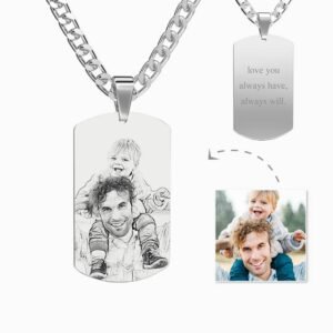Personalized engraved dog tag necklace featuring a custom photo sketch engraved from your uploaded image on the front and an optional custom engraved message on the back. Crafted from stainless steel with a silver chain, this custom memorial necklace is a meaningful keepsake for fathers, husbands, partners, or loved ones, making a thoughtful gift for Father's Day, anniversaries, birthdays, Christmas, or special occasions.