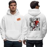 Gavi soccer hoodie - printshop4me.ae "Front and back view of white Spain football hoodie featuring Gavi soccer player illustration, Spain national team colors, and dynamic action pose."