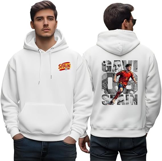 Gavi soccer hoodie - printshop4me.ae "Front and back view of white Spain football hoodie featuring Gavi soccer player illustration, Spain national team colors, and dynamic action pose."