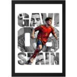 "Spain football player Gavi in action with soccer ball, vibrant Spain national team colors, dynamic action pose, sports fan wall decor."