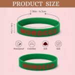 Morocco silicone wristband product size guide showing 2.56 in / 6.5 cm diameter and 0.4 in / 1.2 cm width, with “MOROCCO” printed band and feature icons for waterproof, colorfast, soft, and safe material.