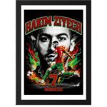 Hakim Ziyech Morocco football player photo frame featuring bold “HAKIM ZIYECH” text, number 7 jersey, dynamic action shot, flames and lightning effects, and Moroccan flag-themed background.