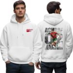 Hakimi 2 Hoodie - printshop4me.ae Morocco football men’s white hoodie featuring a small Morocco chest logo on the front and a large Achraf Hakimi number 2 player graphic on the back with grayscale background and action football pose.