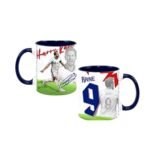 Harry Kane Mug - printshop4me.ae Harry Kane England football player ceramic mug with double-sided print featuring Harry Kane action artwork, signature graphic, jersey number 9, and England soccer theme design with blue handle and interior.