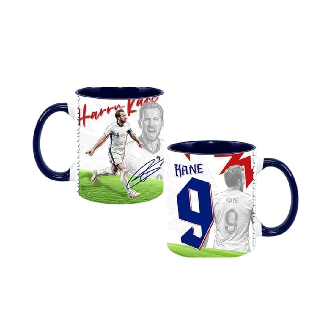 Harry Kane Mug - printshop4me.ae Harry Kane England football player ceramic mug with double-sided print featuring Harry Kane action artwork, signature graphic, jersey number 9, and England soccer theme design with blue handle and interior.