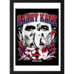 Harry Kane soccer poster - printshop4me.ae "England football player Harry Kane celebrating goal in white national team kit with number 9, dynamic action pose, grayscale player portrait in background, red and blue flames, framed wall poster."