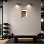 Morocco football player photo frame displayed on a gym wall above a workout bench, with dumbbells and fitness equipment in a modern training space, featuring soccer-themed wall art.