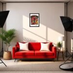 Morocco football player photo frame displayed above a red sofa in a modern studio-style living room, featuring soccer-themed wall art and sports décor with professional lighting setup.