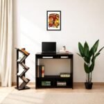 "Spain football player poster on white wall above black desk with laptop, featuring FIFA World Cup trophy, Spain national team colors, and soccer action pose, modern home office decor."