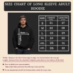 Hoodie size chart - printshop4me.ae "Size chart of black Spain football long-sleeve adult hoodie showing chest and length measurements for sizes S, M, L, XL, 2XL, and 3XL with measurement guide."