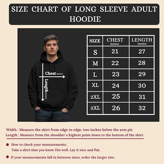 Hoodie size chart - printshop4me.ae "Size chart of black Spain football long-sleeve adult hoodie showing chest and length measurements for sizes S, M, L, XL, 2XL, and 3XL with measurement guide."