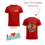 "Front and back view of red Spain football dry-fit T-shirt featuring Yamal soccer player illustration, Spain national team colors, dynamic action pose, and 'I ❤️ Spain' graphic."