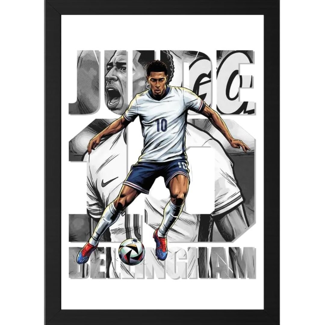Jude Bellingham soccer poster - printshop4me.ae "England football player Jude Bellingham in action with soccer ball, wearing white national team kit with number 10, dynamic action pose, grayscale background with player portrait, framed wall poster."