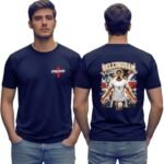 "Front and back view of navy England football t-shirt featuring Jude Bellingham soccer player illustration on back with number 10, Union Jack background, and England text logo on front."