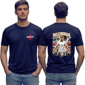 Jude Bellingham soccer shirt - printshop4me.ae "Front and back view of navy England football t-shirt featuring Jude Bellingham soccer player illustration on back with number 10, Union Jack background, and England text logo on front."