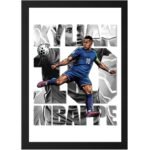 Kylian Mbappé France football player photo frame featuring number 10 jersey, action kick pose, monochrome portrait background, and soccer-themed wall art design.