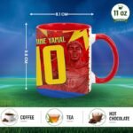"11 oz red Spain football mug featuring Laine Yamal soccer player illustration, Spain national team colors, player number 10, shown with dimensions 9.6 cm height and 8.1 cm width, suitable for coffee, tea, and hot chocolate."