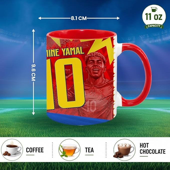 "11 oz red Spain football mug featuring Laine Yamal soccer player illustration, Spain national team colors, player number 10, shown with dimensions 9.6 cm height and 8.1 cm width, suitable for coffee, tea, and hot chocolate."