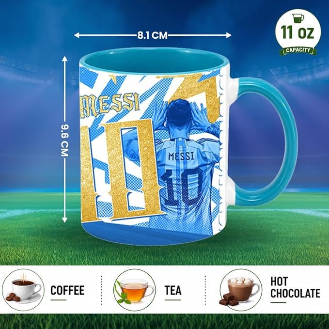 11 oz coffee mug featuring Lionel Messi in Argentina jersey, showing his back with number 10 and celebratory pose, with blue and gold graphic design. Dimensions shown: 8.1 cm width x 9.6 cm height. Suitable for coffee, tea, and hot chocolate.