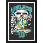 Framed Lionel Messi Argentina football poster featuring Messi in action wearing Argentina jersey number 10, with dynamic blue and yellow graphics, Argentina flags, and stadium background, suitable for wall decoration or football fan collection.