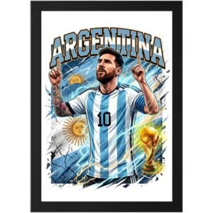 "Framed Argentina soccer poster featuring Lionel Messi in Argentina jersey number 10, holding up fingers in celebration with FIFA World Cup trophy, Argentine flag and lightning effects in background, black frame."