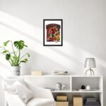 Morocco football player photo frame displayed on a modern white living room wall above a shelf with plants and decor, featuring soccer-themed wall art in a clean interior setting.