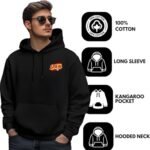 Long sleeve sports hoodie - printshop4me.ae "Black Spain football hoodie featuring 100% cotton fabric, long sleeves, kangaroo pocket, and hooded neck, shown on male model with sunglasses."