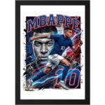 Kylian Mbappé France football player photo frame featuring number 10 jersey, dynamic running pose, France flag colors, lightning effects, and soccer-themed wall art.