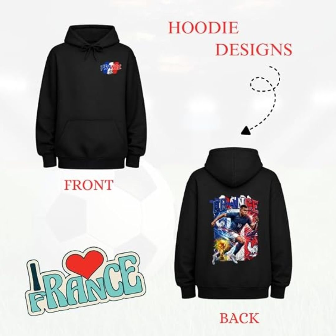 Mens Football Hoodie - printshop4me.ae France football men's black hoodie design mockup showing front France 2026 chest logo and large France soccer player graphic on the back for football supporters.