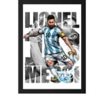 "Framed poster of Lionel Messi in Argentina football jersey with number 10, dynamic soccer action pose, black and white background with layered Messi images, designed in comic and digital art style, highlighting Argentina national colors and football theme."
