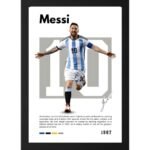 "Framed Lionel Messi poster featuring Argentina jersey number 10. Messi is pictured celebrating on the field with arms outstretched, wearing the Argentina national team kit. Background includes a gray number 10 silhouette, Messi’s autograph, and text highlighting his football career achievements. Ideal for football fans and collectors."