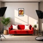 "Spain football player poster on white wall above red sofa in modern living room studio setup, featuring FIFA World Cup trophy, Spain national team colors, and soccer action pose."