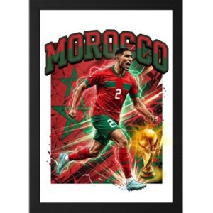 Morocco Football Frame - printshop4me.ae Morocco football player photo frame featuring a red national team jersey, dynamic running pose, Moroccan flag background, and a golden trophy graphic symbolizing victory.