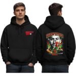 Morocco Football Hoodie Hakim Ziyech Hoodie - printshop4me.ae Morocco football men’s black hoodie featuring a small Morocco chest logo on the front and a large Hakim Ziyech number 7 World Cup inspired graphic on the back with flames and dynamic soccer artwork.