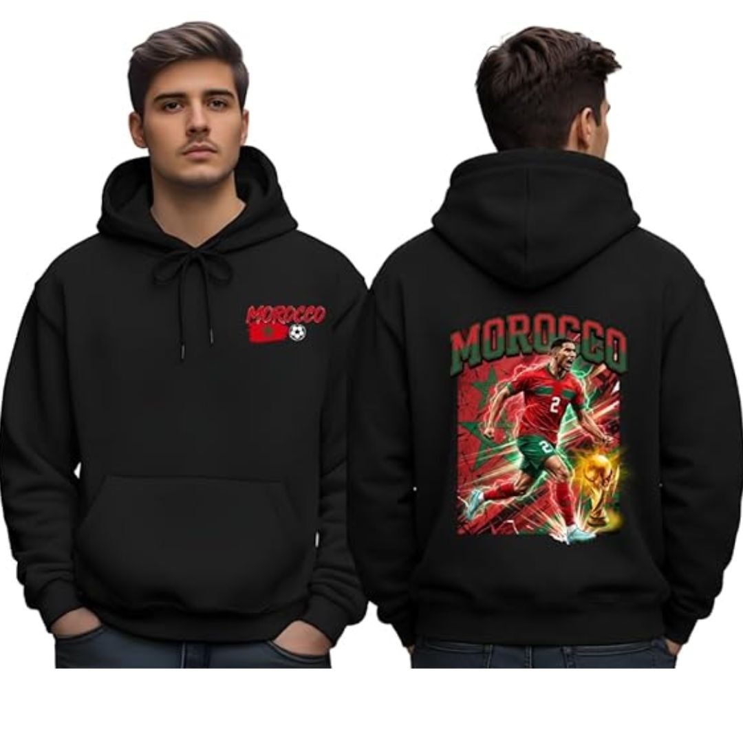 Morocco Football Hoodie - printshop4me.ae Morocco football men’s black hoodie featuring a small Morocco chest logo on the front and a large dynamic Morocco player number 2 graphic on the back with flag colors, lightning effects, and trophy-inspired football artwork.