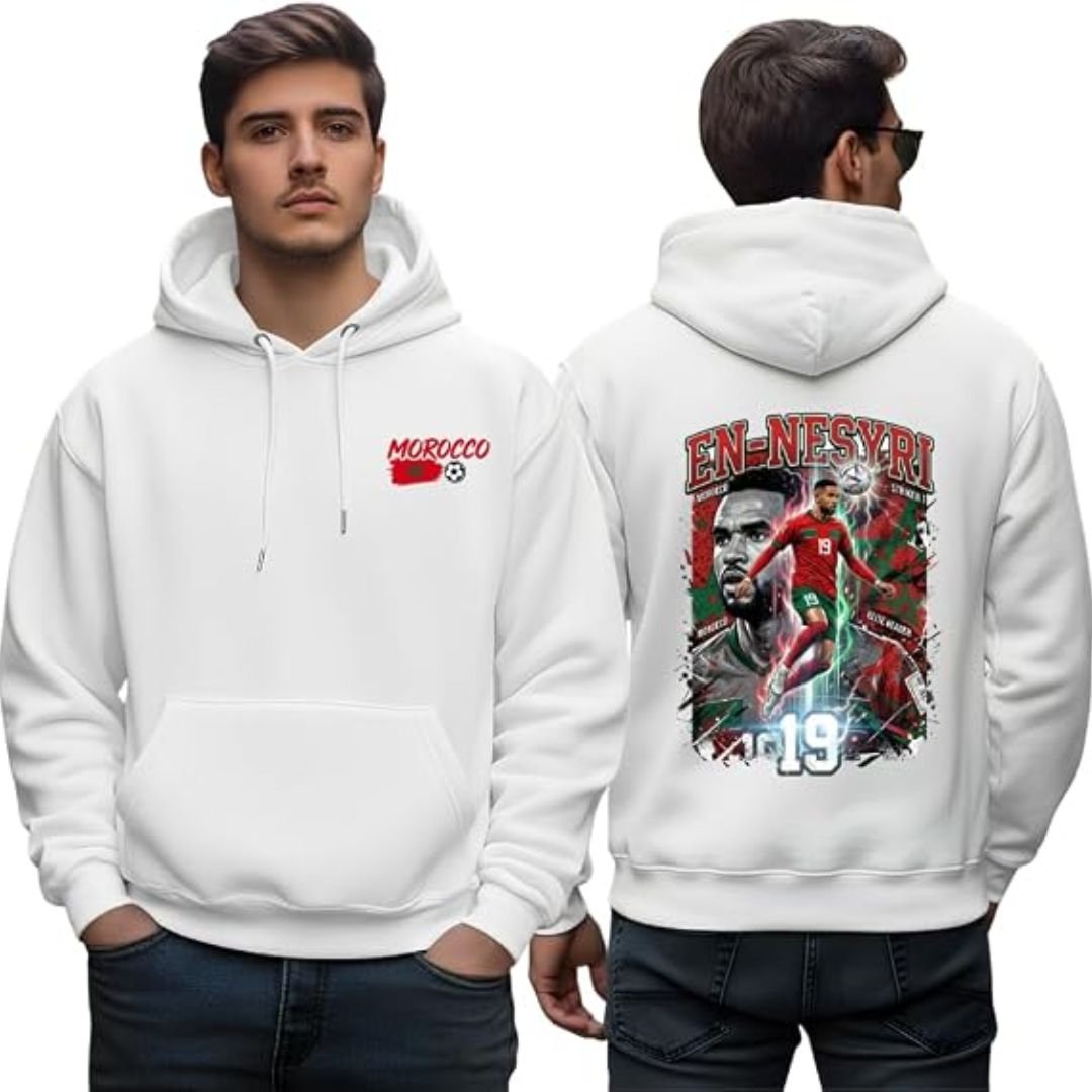 Morocco National Team Hoodie - printshop4me.ae Morocco football men’s white hoodie featuring a small Morocco chest logo on the front and a large EN-NESYRI number 19 player graphic on the back with red and green Morocco-themed action design.