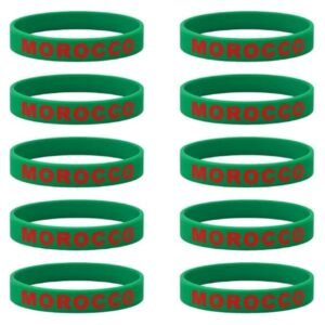 Set of green silicone wristbands printed with “MOROCCO” in red, displayed in a repeated pattern layout showing multiple angles of the same sports fan bracelet.