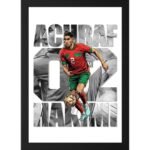 Morocco football player photo frame featuring a red and green kit number 2, dynamic dribbling action pose, grayscale background illustration, and large stylized text reading “ACRAF 02 HAKIMI”.