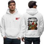 Morocco White Hoodie - printshop4me.ae Morocco football men’s white hoodie featuring a small Morocco chest logo on the front and a large EN-NESYRI number 19 player graphic on the back with bold black brush-stroke background and dynamic football action design.