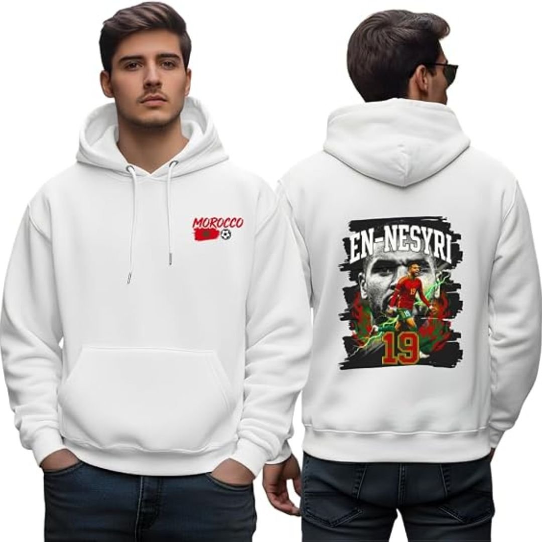 Morocco White Hoodie - printshop4me.ae Morocco football men’s white hoodie featuring a small Morocco chest logo on the front and a large EN-NESYRI number 19 player graphic on the back with bold black brush-stroke background and dynamic football action design.