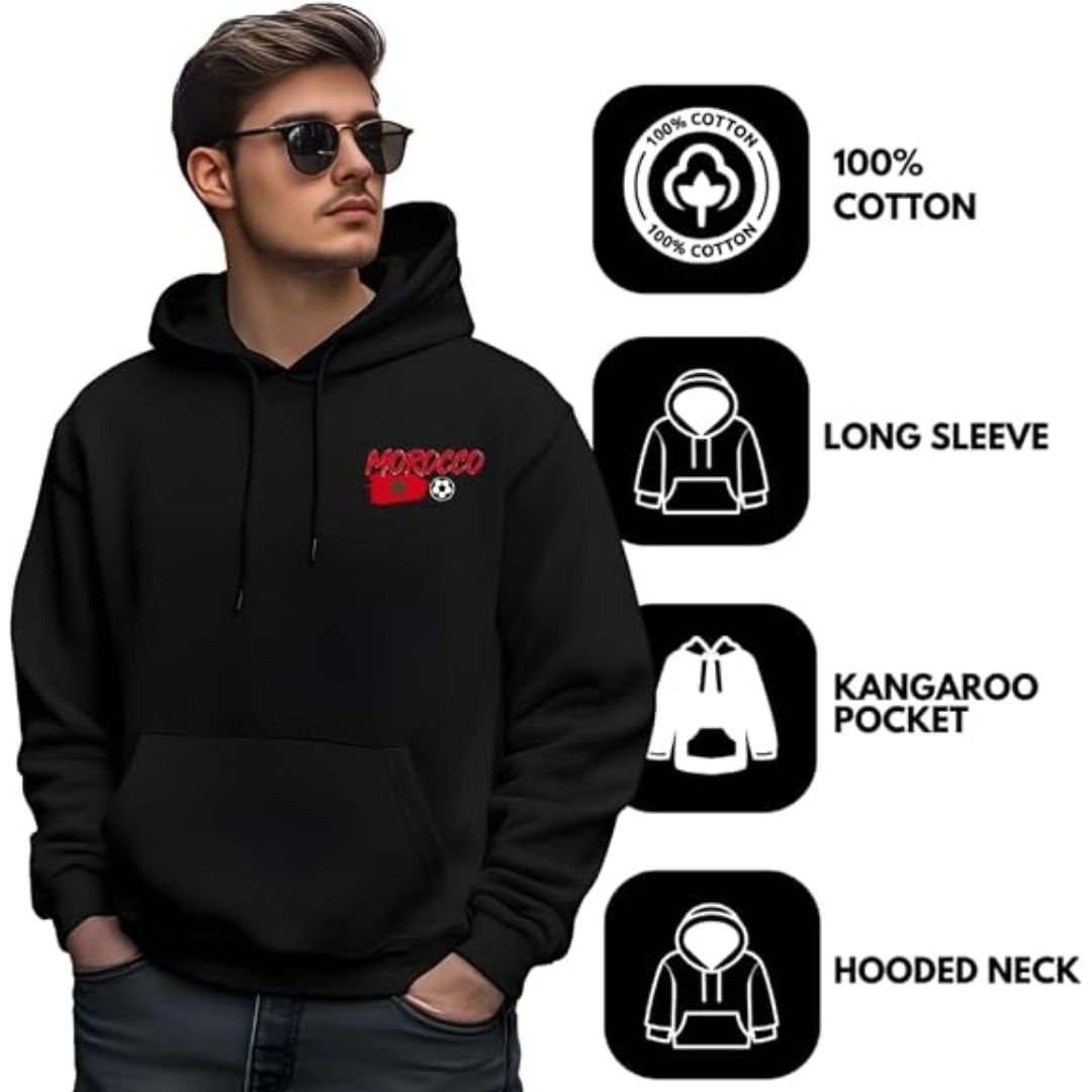 National Team Hoodie - printshop4me.ae Morocco football men’s black hoodie featuring a small Morocco chest logo and showcasing product features including 100% cotton material, long sleeves, kangaroo pocket, and hooded neck design.