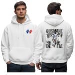 Ousmane Dembele Hoodie - printshop4me.ae France football men's white hoodie featuring a small France 2026 chest logo and large Ousmane Dembélé-inspired soccer graphic on the back with monochrome football artwork.