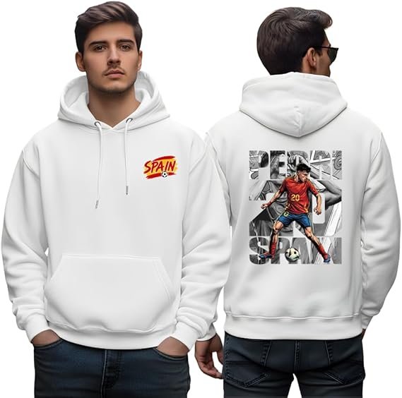 Pedro soccer hoodie - printshop4me.ae "Front and back view of white Spain football hoodie featuring Pedro soccer player illustration, Spain national team colors, and dynamic action pose."